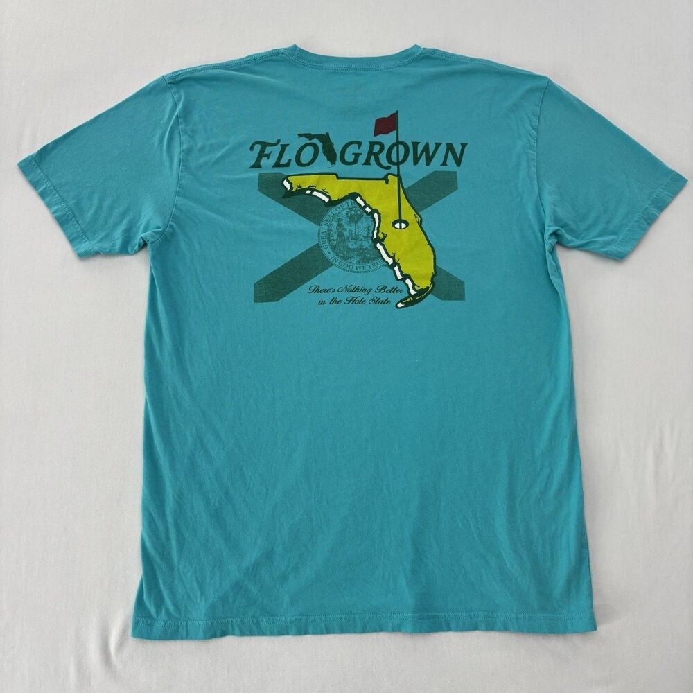 FLO GROWN Florida Golf T-Shirt XL Turquoise “Hole State” 100% Cotton Tee